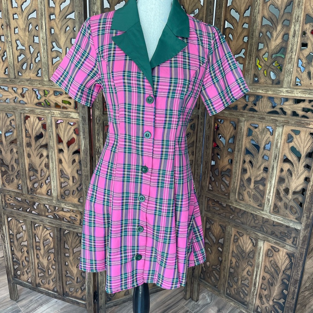 Punk Style Pink Plaid Button-Up Dress with Green Collar